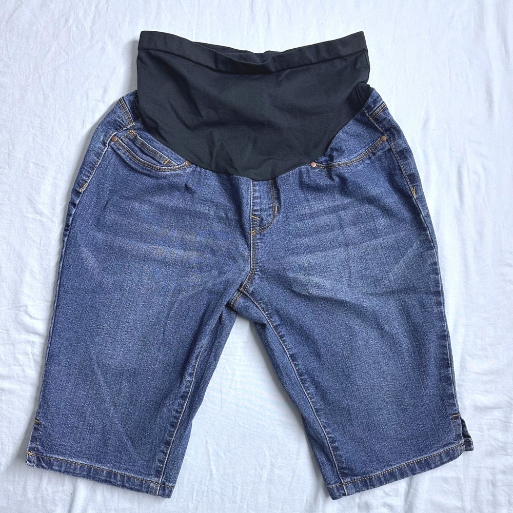 Hybrid & Company Maternity Denim Jean Shorts Bermuda Style Black Panel Size M